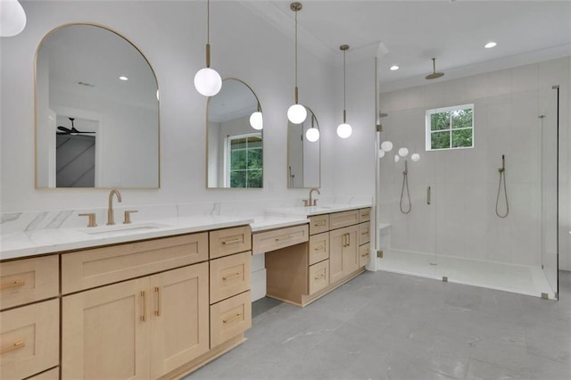 3893 Indian Shoals Rd, Dacula, GA 30019 - bathroom with a shower stall, double vanity, and recessed lighting
