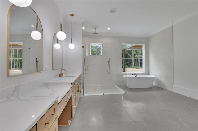 3893 Indian Shoals Rd, Dacula, GA 30019 - bathroom featuring vanity, a shower stall, a freestanding tub, and recessed lighting
