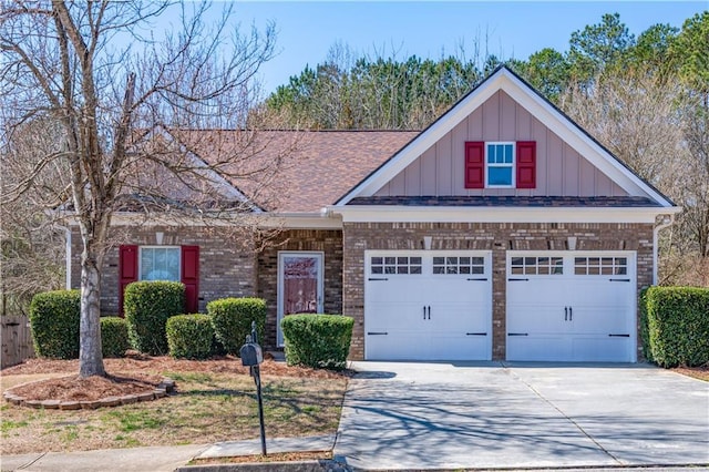 view of front of house featuring brick siding, board and batten siding, concrete driveway, and a garage