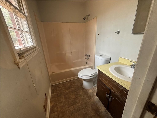 full bathroom with toilet, bathtub / shower combination, and vanity