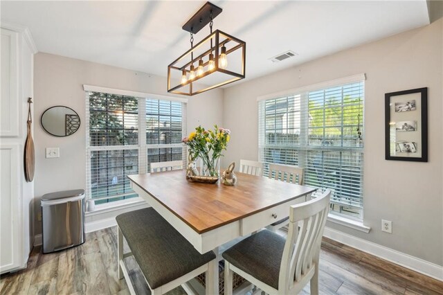 45 Peregrine Ln S, Dawsonville, GA 30534 - dining area featuring baseboards, wood finished floors, visible vents, and a wealth of natural light