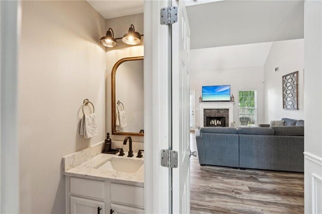 45 Peregrine Ln S, Dawsonville, GA 30534 - bathroom with lofted ceiling, wood finished floors, visible vents, vanity, and a fireplace