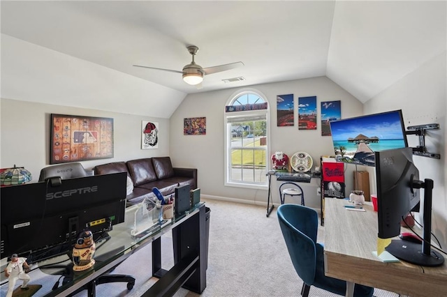 45 Peregrine Ln S, Dawsonville, GA 30534 - office area with ceiling fan, lofted ceiling, carpet floors, and visible vents