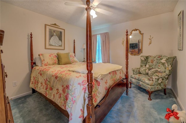 bedroom with carpet flooring, a textured ceiling, a ceiling fan, and baseboards
