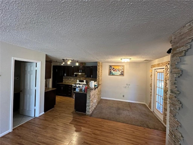 kitchen with a textured ceiling, stainless steel range, wood-type flooring, decorative backsplash, and kitchen peninsula