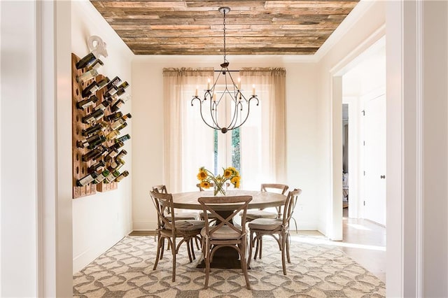 dining area featuring a chandelier, baseboards, and wooden ceiling