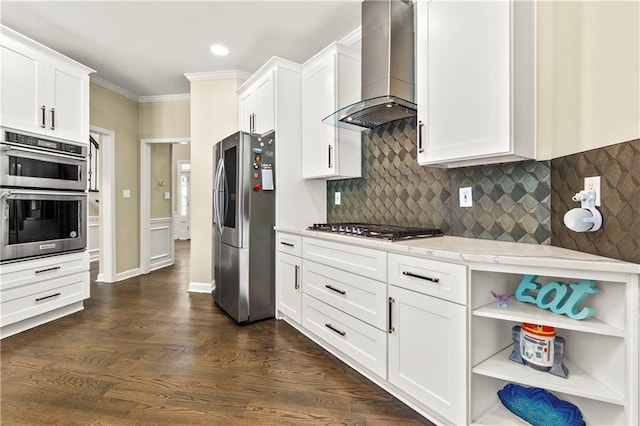 2055 Beacon Hill Way, Alpharetta, GA 30005 - kitchen featuring stainless steel appliances, wall chimney exhaust hood, white cabinetry, crown molding, and light stone counters
