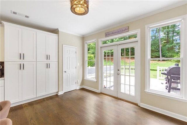 2055 Beacon Hill Way, Alpharetta, GA 30005 - entryway with crown molding, french doors, dark wood finished floors, and a chandelier