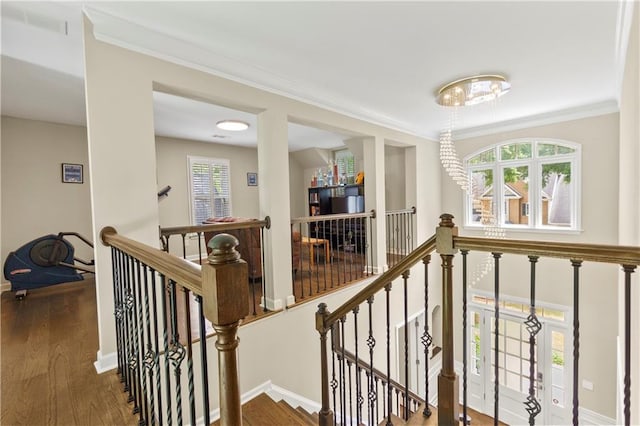 2055 Beacon Hill Way, Alpharetta, GA 30005 - stairs with wood finished floors and crown molding