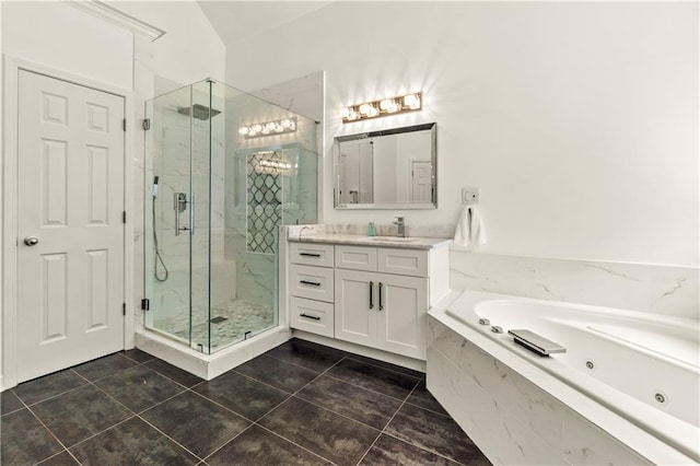 2055 Beacon Hill Way, Alpharetta, GA 30005 - bathroom featuring a marble finish shower, a jetted tub, vanity, and tile patterned flooring