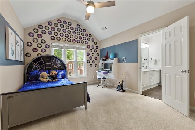 2055 Beacon Hill Way, Alpharetta, GA 30005 - carpeted bedroom featuring lofted ceiling, connected bathroom, a ceiling fan, and an office area