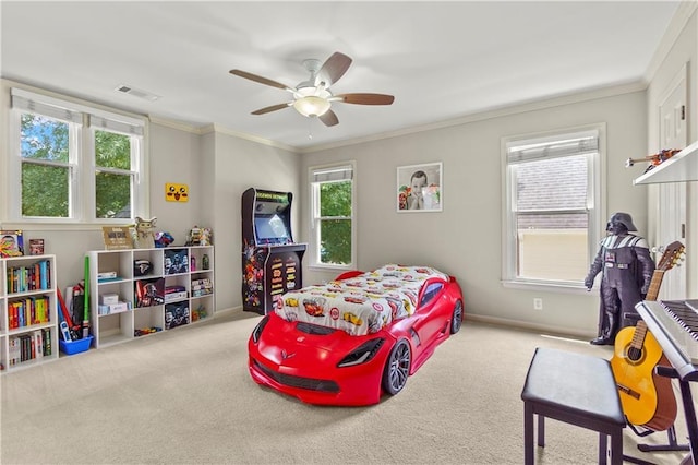 2055 Beacon Hill Way, Alpharetta, GA 30005 - carpeted bedroom with multiple windows, crown molding, and a ceiling fan