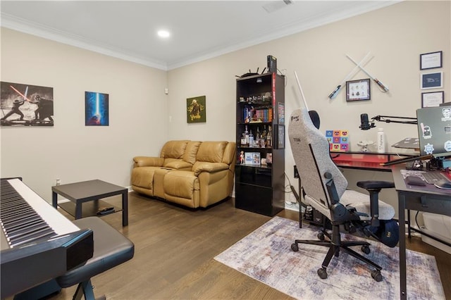 2055 Beacon Hill Way, Alpharetta, GA 30005 - home office with wood finished floors, ornamental molding, and recessed lighting