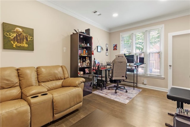 2055 Beacon Hill Way, Alpharetta, GA 30005 - home office with wood finished floors, ornamental molding, and recessed lighting