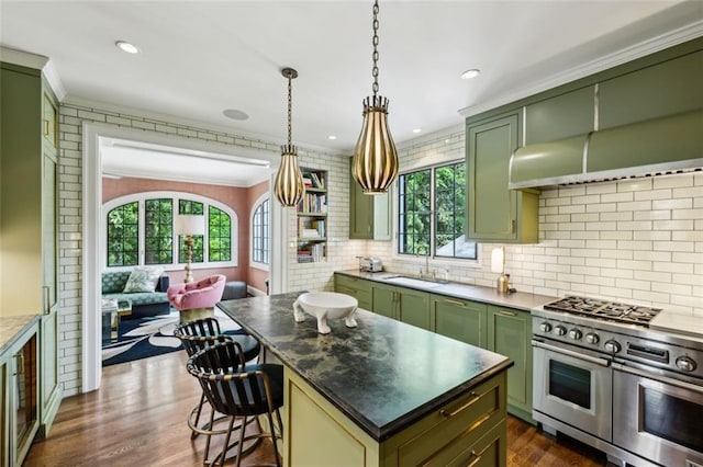 3086 E Pine Valley Rd NW, Atlanta, GA 30305 - kitchen with green cabinets, a wealth of natural light, range with two ovens, and a sink