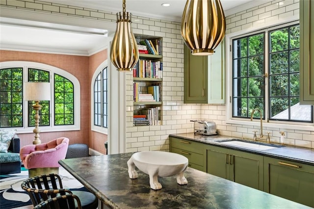 3086 E Pine Valley Rd NW, Atlanta, GA 30305 - kitchen with a sink, ornamental molding, dark countertops, and green cabinets