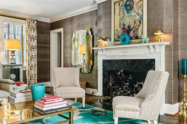 3086 E Pine Valley Rd NW, Atlanta, GA 30305 - sitting room with baseboards, a high end fireplace, crown molding, and wood finished floors