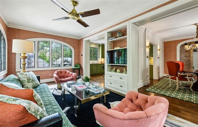3086 E Pine Valley Rd NW, Atlanta, GA 30305 - living area featuring ornamental molding, baseboards, a ceiling fan, and wood finished floors