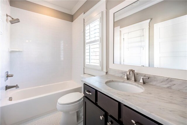 full bathroom with tile patterned floors, vanity, bathtub / shower combination, and toilet