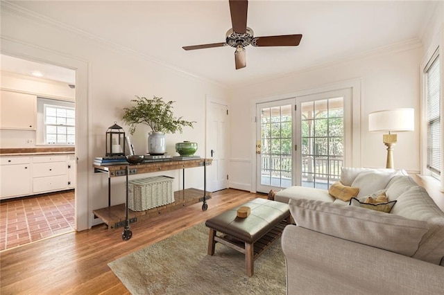 living area with ceiling fan, ornamental molding, and light wood finished floors