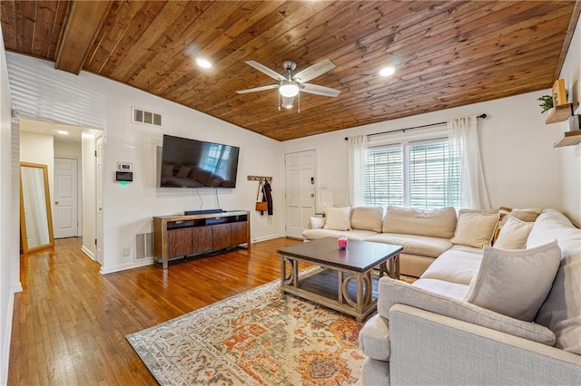 living room with wood-type flooring, visible vents, wood ceiling, vaulted ceiling, and baseboards