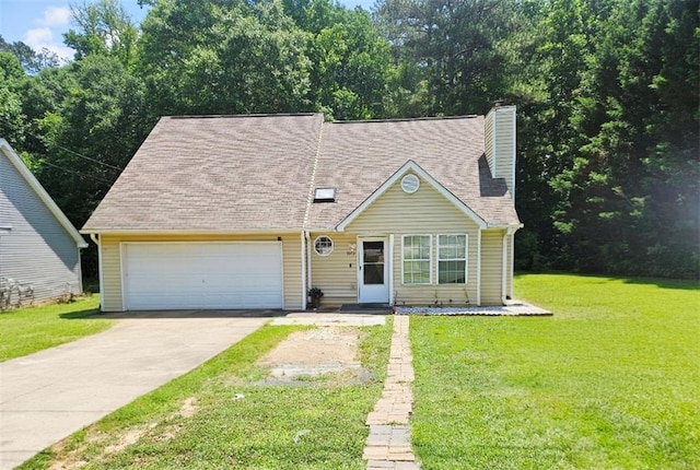 7073 Stonecreek Dr, Douglasville, GA 30134 - view of front of house with an attached garage, concrete driveway, a chimney, a front yard, and a shingled roof