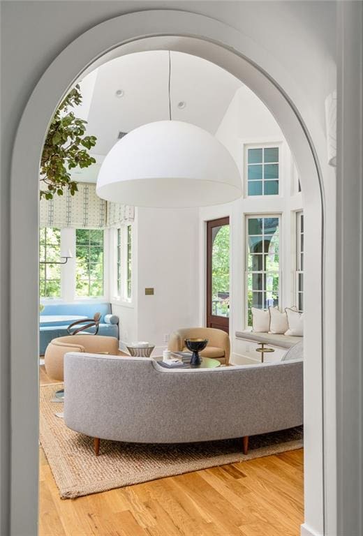 living room with plenty of natural light and light hardwood / wood-style flooring