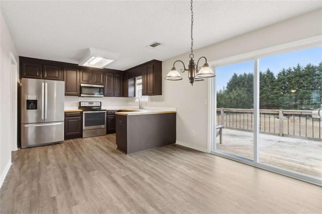 kitchen with dark brown cabinets, pendant lighting, appliances with stainless steel finishes, sink, and light wood-type flooring