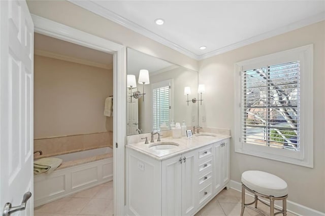 bathroom featuring a wealth of natural light, ornamental molding, and tile patterned floors