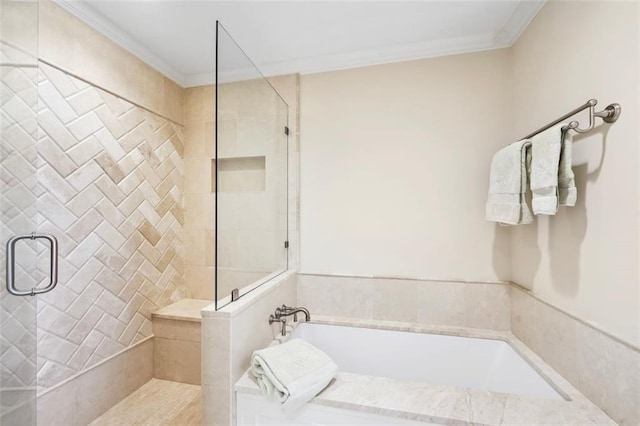 bathroom with crown molding and independent shower and bath