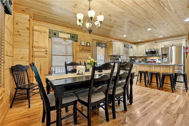 100 Black Oaks Rd, Cherry Log, GA 30522 - dining room with a chandelier, light wood finished floors, wood ceiling, wooden walls, and recessed lighting