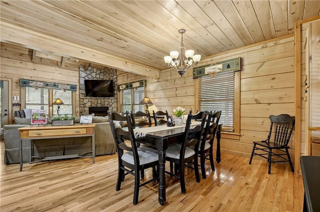 100 Black Oaks Rd, Cherry Log, GA 30522 - dining area with a wooden ceiling with exposed beams, wood walls, healthy amount of natural light, light wood-style flooring, and a chandelier