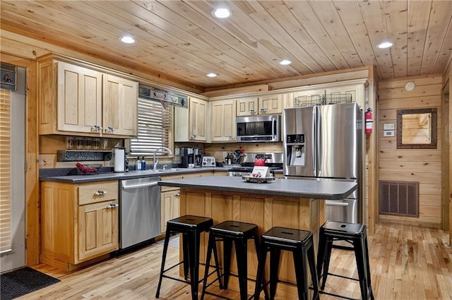 100 Black Oaks Rd, Cherry Log, GA 30522 - kitchen featuring appliances with stainless steel finishes, wood ceiling, dark countertops, light wood finished floors, and recessed lighting