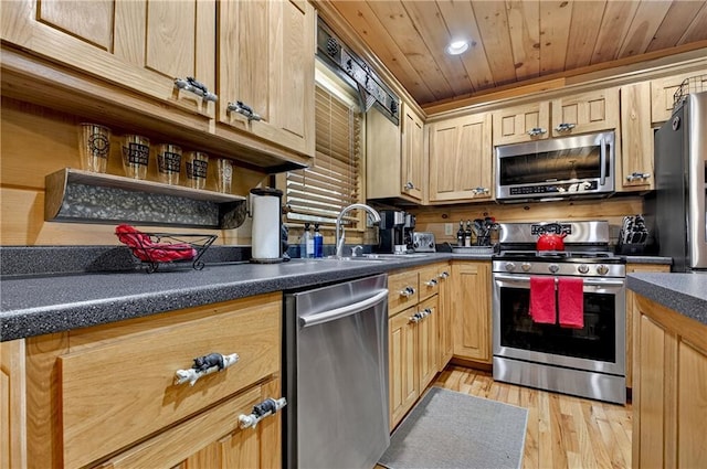 100 Black Oaks Rd, Cherry Log, GA 30522 - kitchen with appliances with stainless steel finishes, light wood finished floors, dark countertops, wood ceiling, and recessed lighting