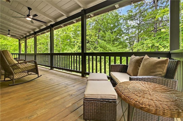 100 Black Oaks Rd, Cherry Log, GA 30522 - wooden deck with an outdoor hangout area and a ceiling fan
