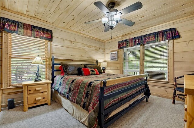 100 Black Oaks Rd, Cherry Log, GA 30522 - carpeted bedroom with wooden ceiling, wooden walls, and ceiling fan