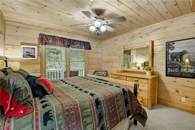 100 Black Oaks Rd, Cherry Log, GA 30522 - carpeted bedroom with wooden walls, wooden ceiling, and ceiling fan