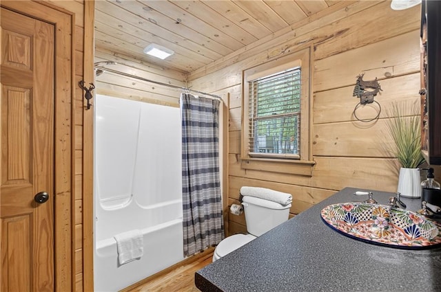 100 Black Oaks Rd, Cherry Log, GA 30522 - full bathroom featuring wooden ceiling, wood walls, shower / bath combination with curtain, wood finished floors, and vanity