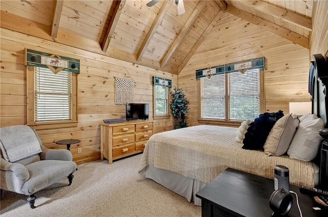 100 Black Oaks Rd, Cherry Log, GA 30522 - carpeted bedroom with wood walls, wood ceiling, and multiple windows