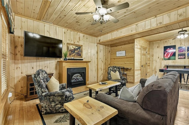 100 Black Oaks Rd, Cherry Log, GA 30522 - living area with wood walls, a ceiling fan, wood ceiling, hardwood / wood-style floors, and a fireplace