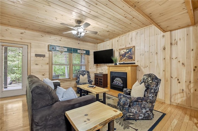 100 Black Oaks Rd, Cherry Log, GA 30522 - living room featuring wood ceiling, wooden walls, light wood-style flooring, a fireplace, and ceiling fan