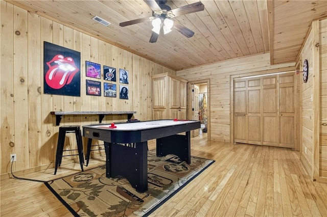 100 Black Oaks Rd, Cherry Log, GA 30522 - game room with wooden walls, wood ceiling, light wood-style flooring, and ceiling fan