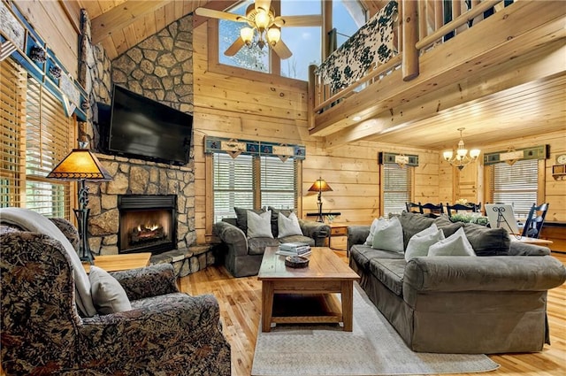 100 Black Oaks Rd, Cherry Log, GA 30522 - living room featuring hardwood / wood-style flooring, a chandelier, plenty of natural light, wooden ceiling, and wooden walls