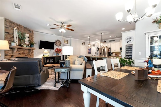 6628 Rivergreen Rd, Flowery Branch, GA 30542 - living area with dark wood-style flooring, ceiling fan, a chandelier, recessed lighting, and ornamental molding