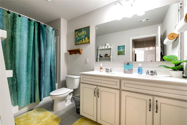 6628 Rivergreen Rd, Flowery Branch, GA 30542 - bathroom with toilet, double vanity, tile patterned flooring, and shower / tub combo