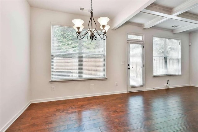 entrance foyer with crown molding, dark wood-type flooring, beamed ceiling, and a chandelier