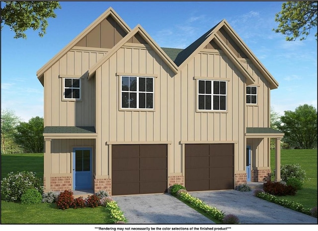 view of front of home with a front lawn and a garage