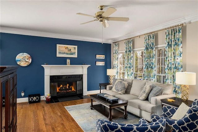 living area featuring dark wood-style floors, baseboards, crown molding, and a fireplace with flush hearth