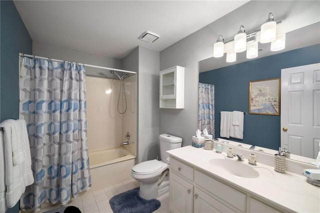 full bathroom featuring toilet, shower / tub combo, visible vents, vanity, and tile patterned floors