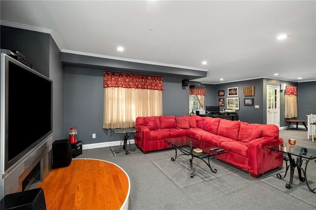 living area featuring ornamental molding, recessed lighting, and baseboards